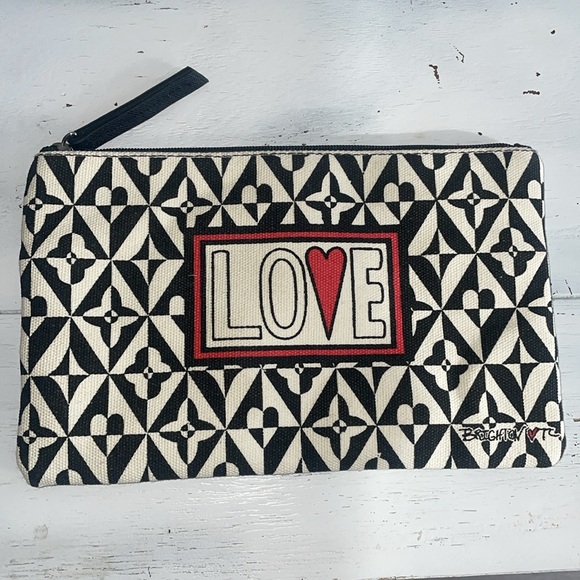 Brighton Handbags - Brighton love pouch like new heart front Blck white canvas and leather trim